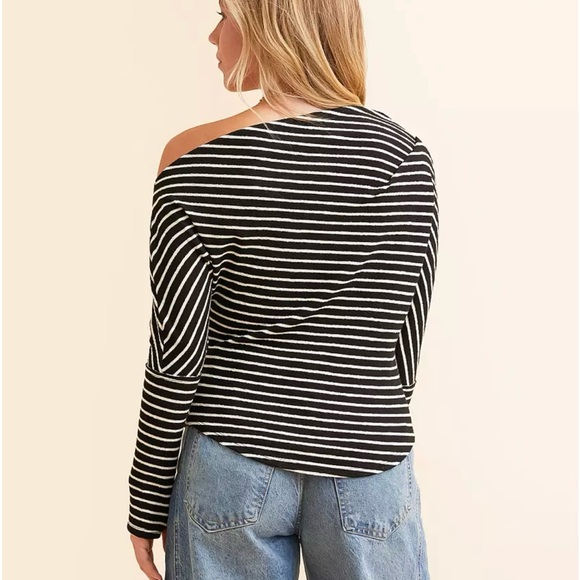 HYFVE Black and White Striped Off the Shoulder Boatneck Top - Picture 7 of 8
